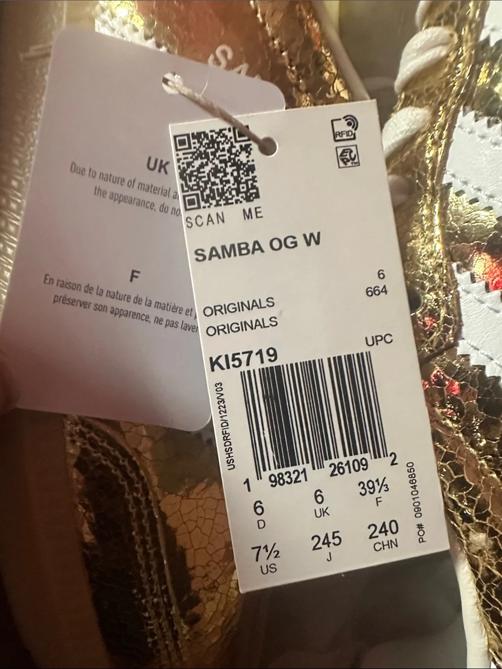 Adidas Samba Metallic Gold Low-Top Sneakers with White Stripes BRAND NEW! - Picture 6 of 6
